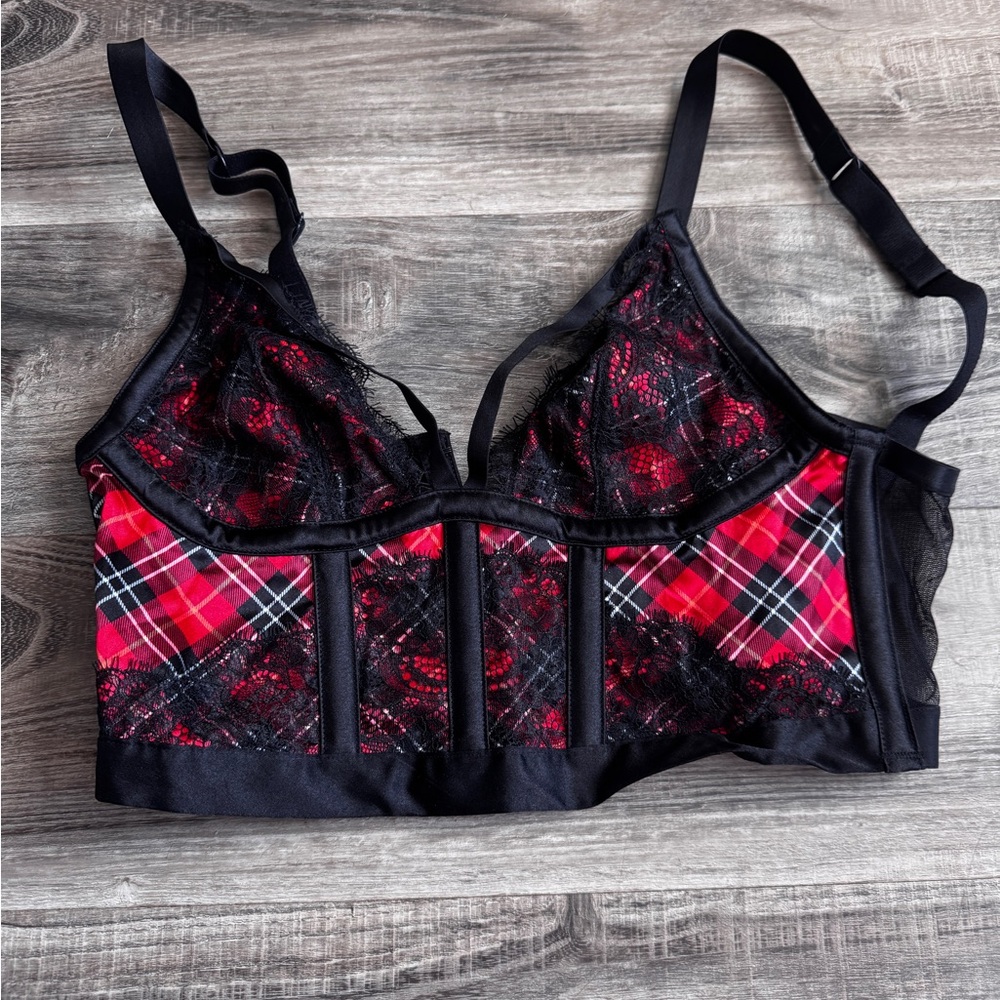 Women's plaid Black and Red Lace Bralette